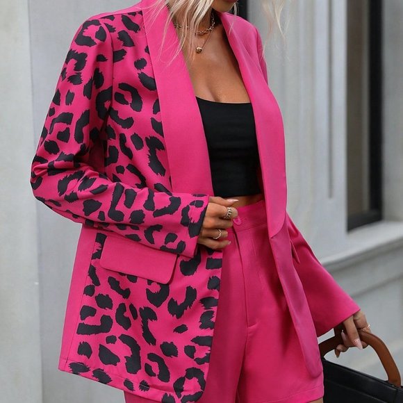 Pink PReppy Womens Leopard Print Shawl Collar Blazer & Shorts - Picture 1 of 5